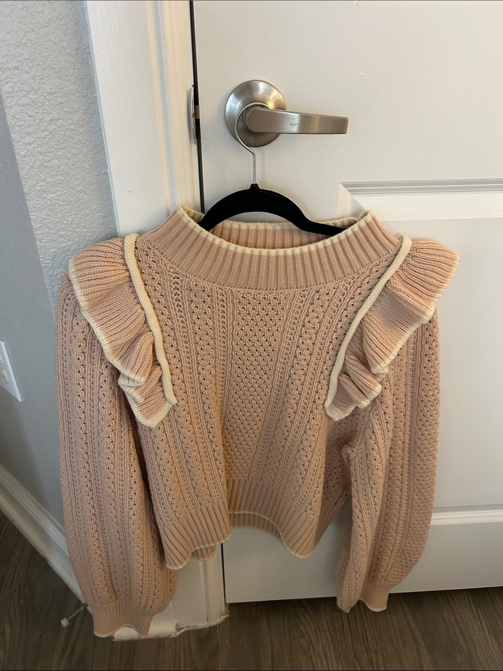MABLE Blush Ruffle-Shoulder Cable Knit Sweater